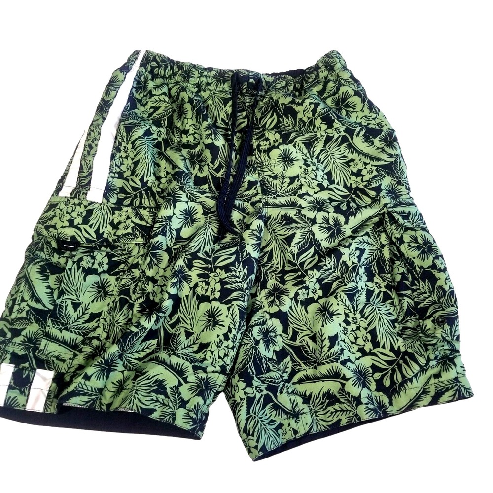 Graphite Swim Trunks Shorts Mens S Green Floral Mesh Lining Pockets Long Leg